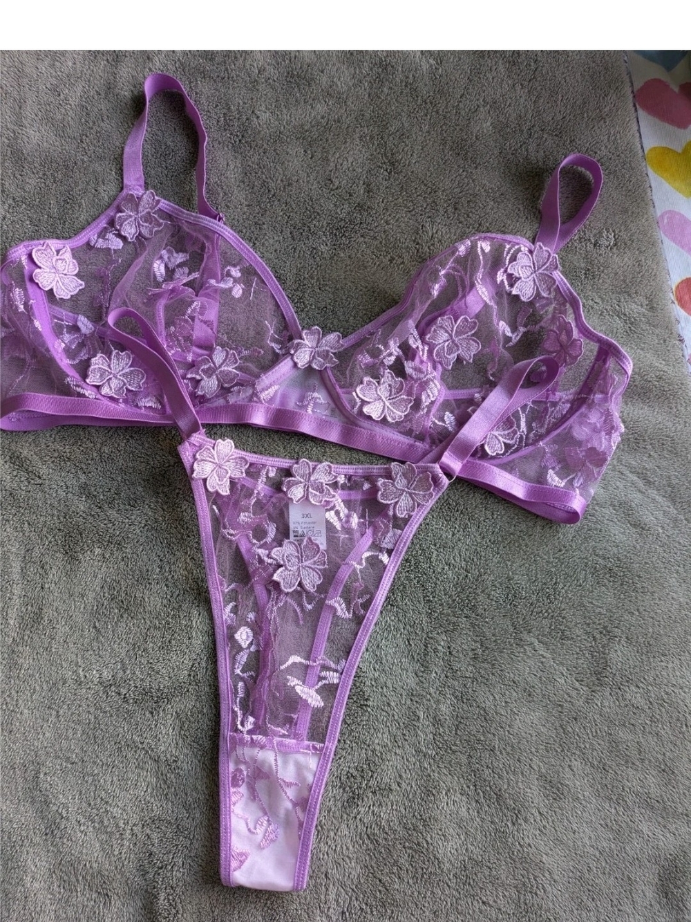 Dainty Purple Floral Lace Underwire Bra & Thong Panty Plus Lingerie Set 3XL